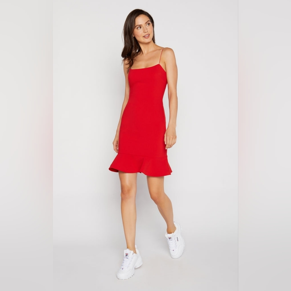 LIKELY Revolve Red Spaghetti Strap Ruffle Hem Fitted Mini Dress
